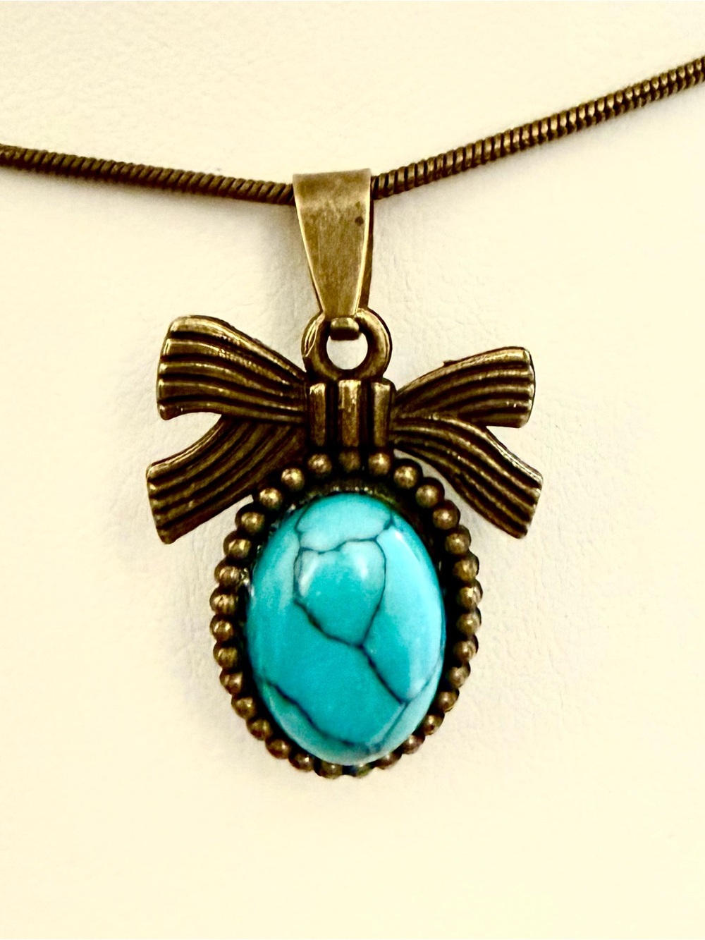 S925 Sterling Silver Turquoise Cabochon Bow Pendant Necklace Vintage Style